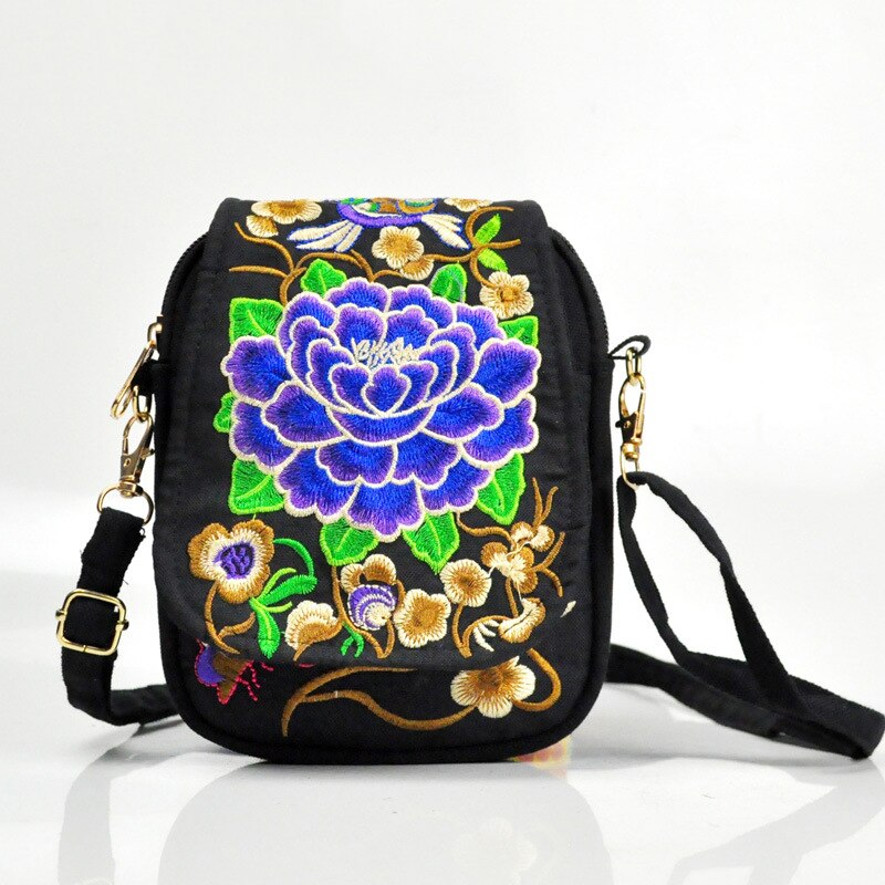 Vrouwen Schoudertas Travel Pouch Vintage Bloemen Geborduurde Crossbody Zip Tas Geborduurd Mobiele Telefoon Tas: Purple