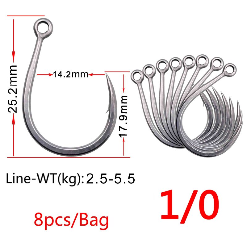 5x #1-#13/0 hameçons simples pour la pêche en mer et la pêche à la traîne, hameçon de pêche au leurre de mer à ardillon solide en acier à haute teneur en carbone: Taille 1-0