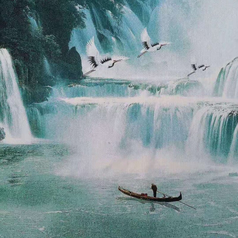 160 x 60cm /  chinees zijde borduurwerk landschapsschilderij - prachtig chinees landschapslandschap met waterval en kranen