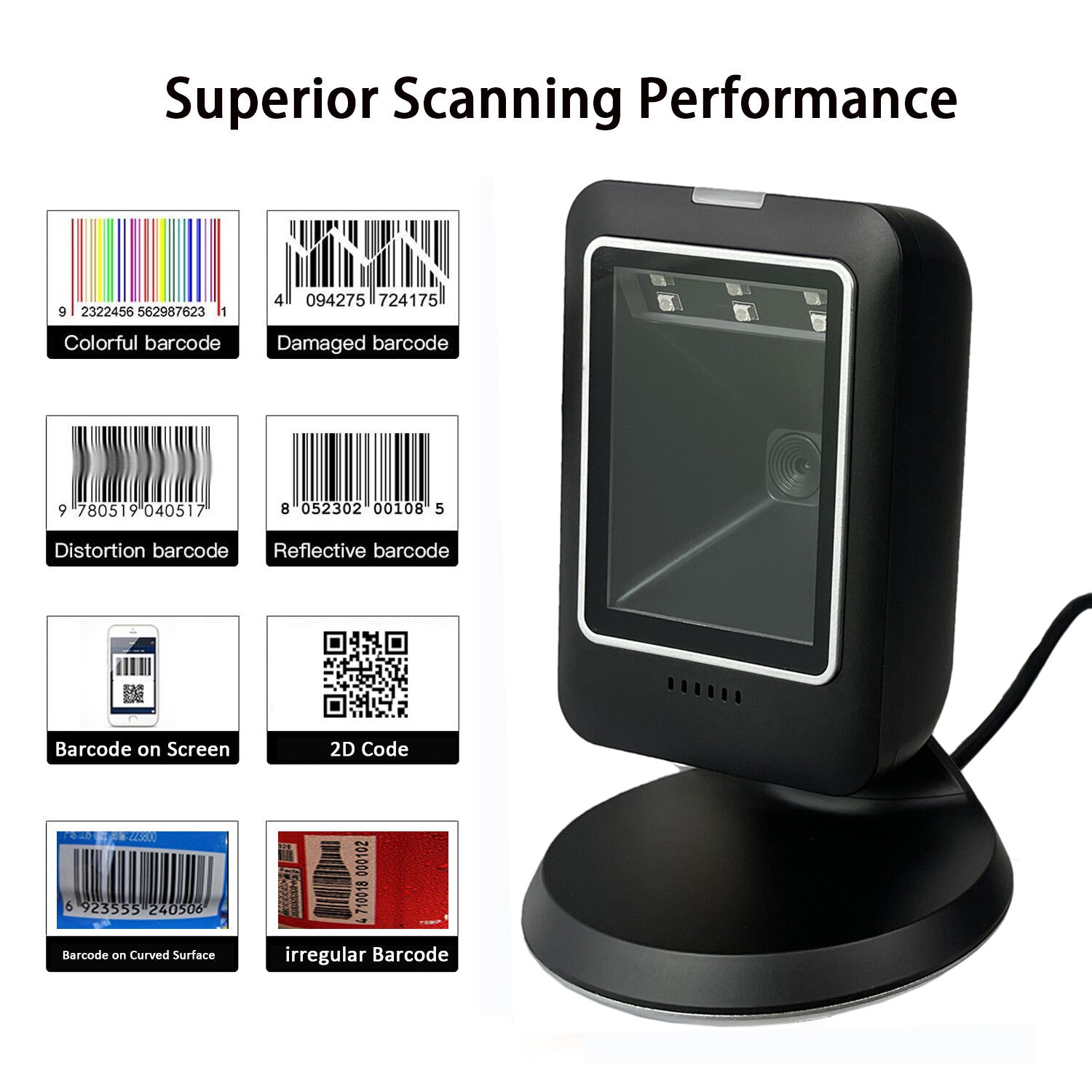 2D Barcode Scanner Usb Alle-Ronde Desktop Automatische Sensing Data Matrix Reader Supermarkt Barcode Reader 1D 2D Qr Code