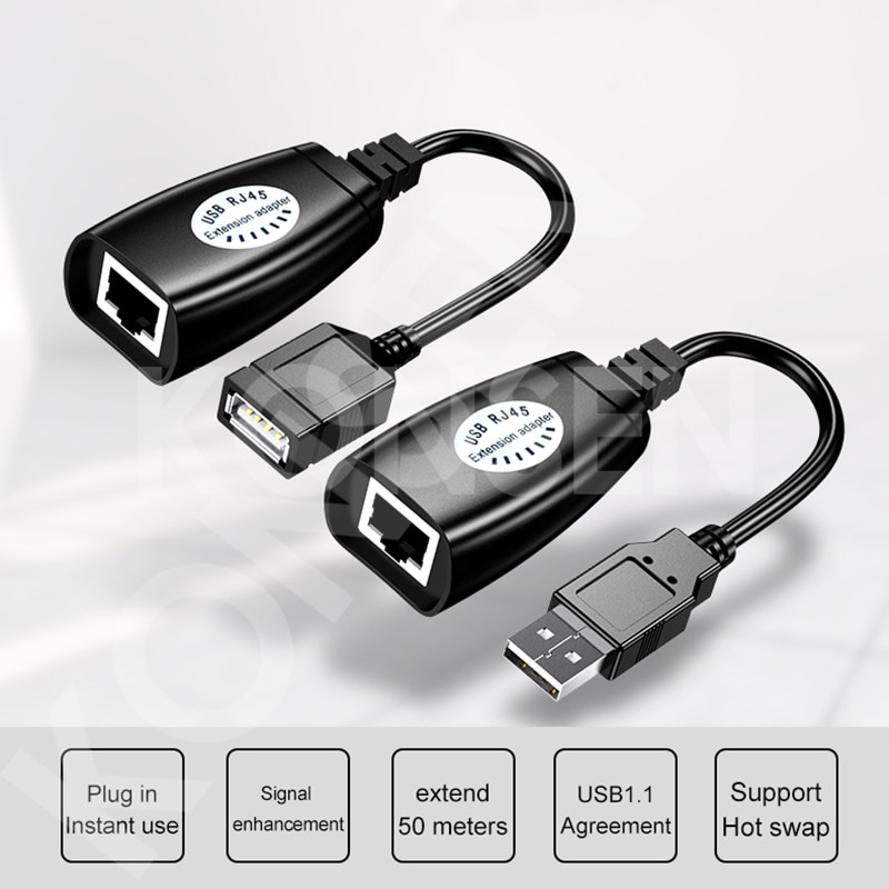 USB Extender Adapter 50m Single RJ45 Ethernet CAT5E 6 Up to 150ft Cable USB 2.0 Extension Extender Adapter for Laptop DVR Mouse