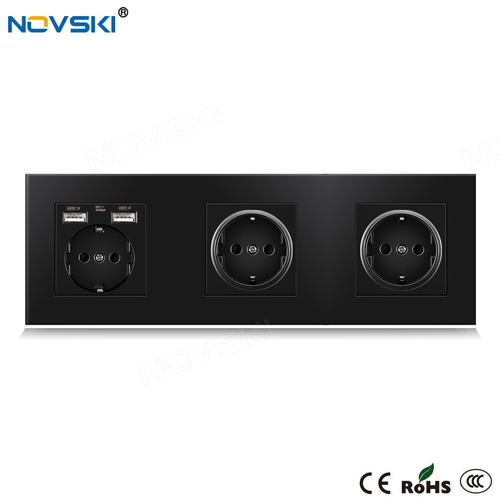 NOVSKI 16A EU Standard Wall Socket Triple Frame Crystal Glass Black Panel 86*258 mm, Hidden LED for USB Charger: PC Panel 2 USB