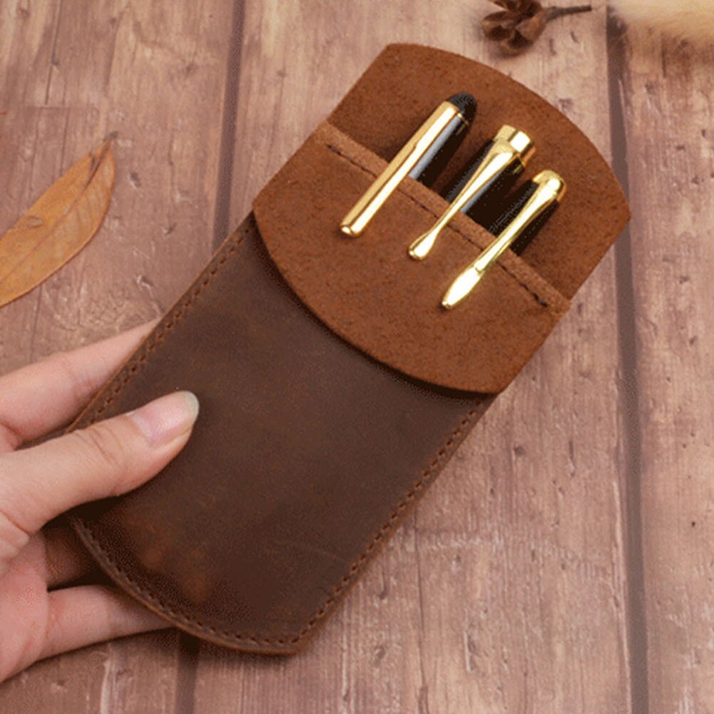 Essentials Werk Schoolbenodigdheden Student Kantoor Draagbare Retro Pocket Protector Pen Houder Pu Leather Pouch Handgemaakte Etui: Bruin