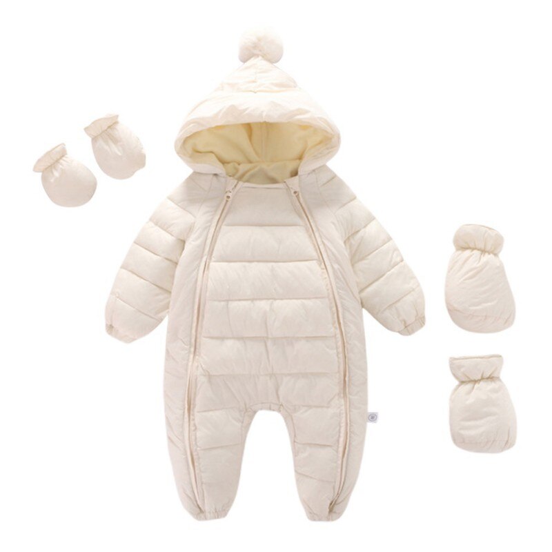 Jlong bebê meninas meninos snowsuit pompom com capuz quente macacão footies + luvas + sapatos 0-24m infantil zíper uma peça
