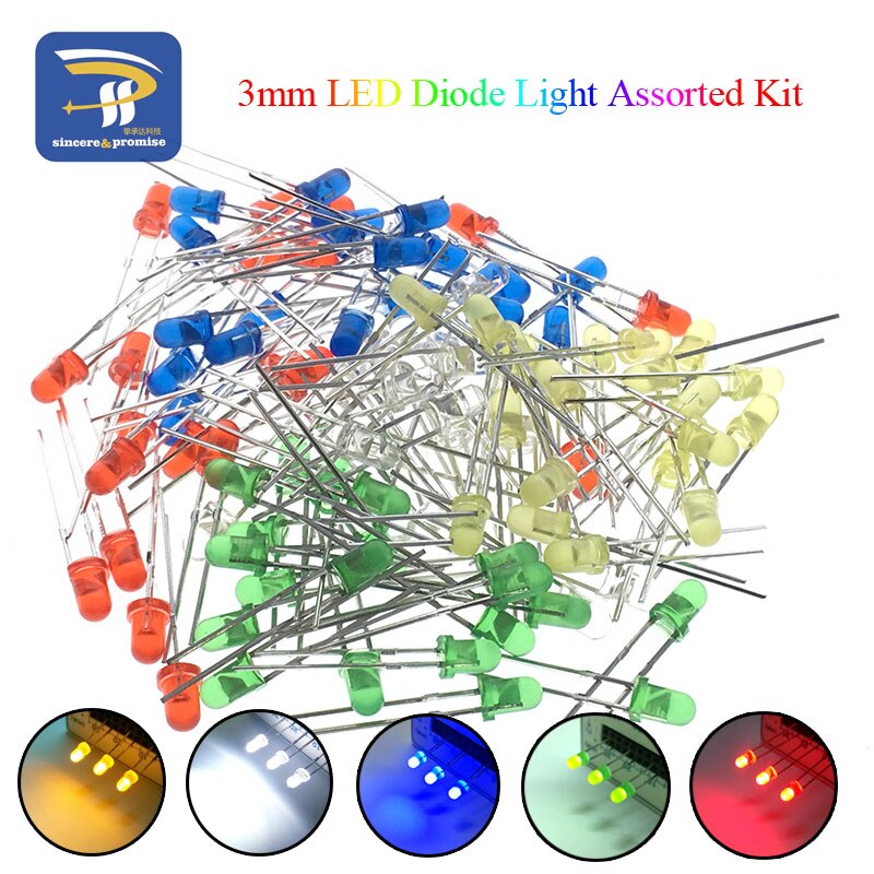 5 Kleuren * 20Pcs = 100Pcs/1 Kleur = 100Pcs F3 3Mm Led Diode Light diverse Kit Groen Blauw Wit Geel Rood Component Diy Kit: 5 color each 20pcs