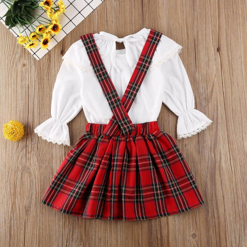 Christmas Newborn Kids Baby Girls Clothes Ruffle Top Plaid Strap Skirt Outfit