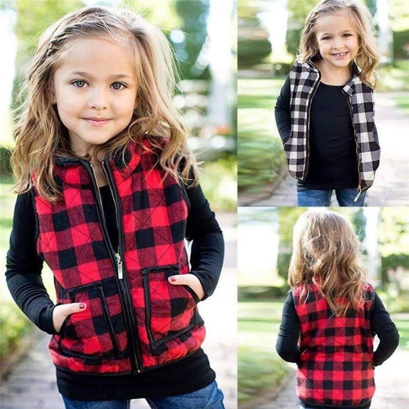 Kids Baby Meisjes Herfst Winter Vest Vest Jasje Gilet Uitloper Plaid Rits Mouwloze Mode Jas