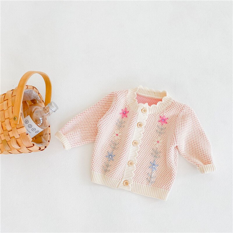 F2020 novo infantil da criança do bebê da menina casual de manga comprida cardigan doce bordado em torno do pescoço único-breasted casaco de malha