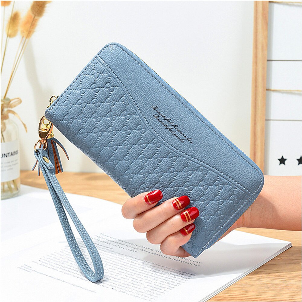 Style Zipper Women Wallet Long Clutch Bag Korean Version Small Double Wallet Standard Wallets Women PU Leather: Blue