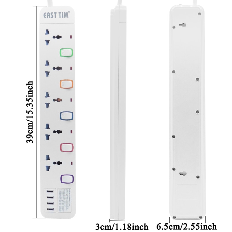 Multiple Power Strip 5 Way AC Universal Outlets Electrical Plug Socket with USB Individual Switched 1.5 M Extension Cord