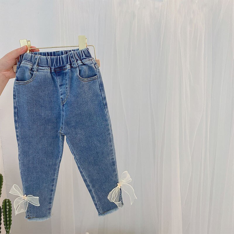 Chifuna børn blå jeans med sløjfe småbørn børnetøj baby piger tøj småbørn piger denim bukser i 1-6 år: 12m