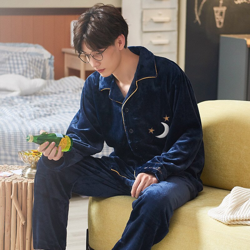 Winter Couples Pajamas Set Cute Moon Star Flannel For Women Pajamas Men Plush Sleepwear Pyjamas Suit Home Clothing Sleep