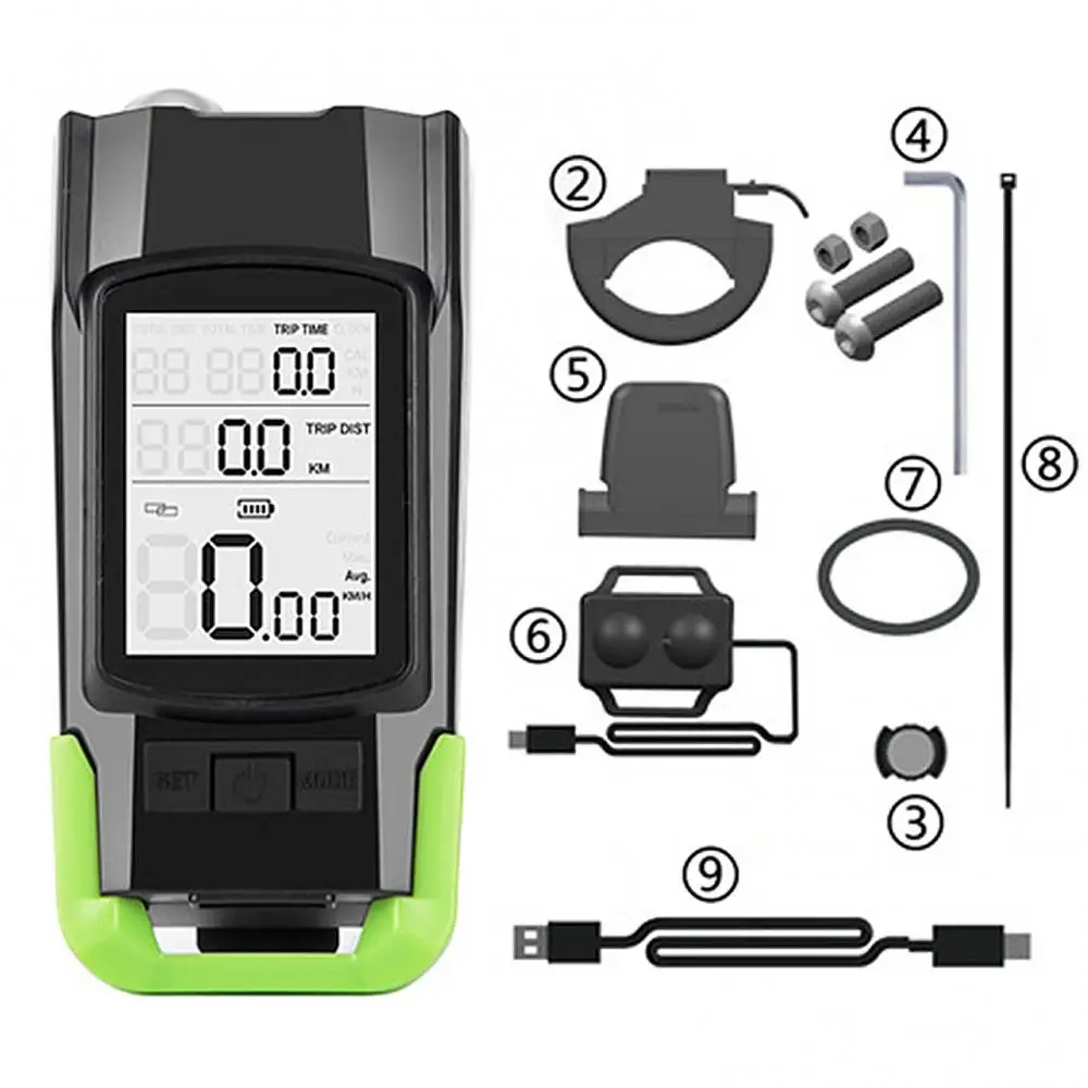 3 IN 1 Bicycle Computer Bike Front Light Lamp With Horn LCD Display Bike Speedometer and Odometer Headlight Cycling Flashlight: green