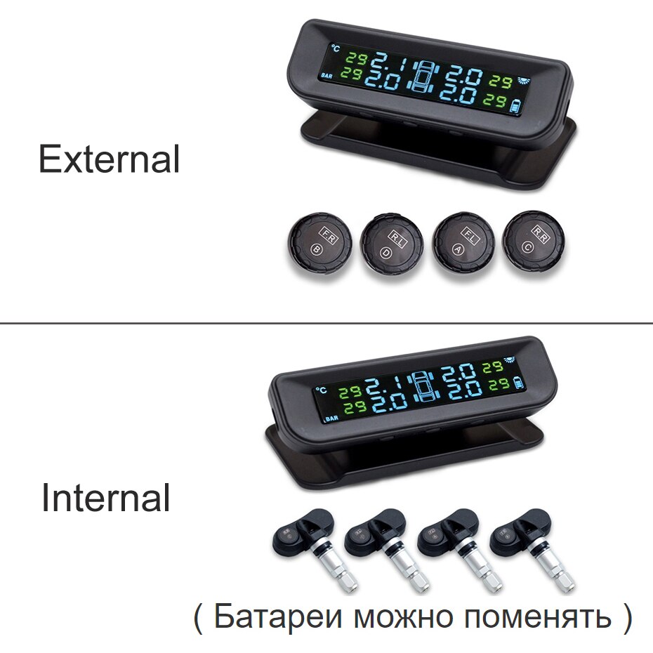 Visture Solar TPMS Monitor de alarma de presión de neumáticos, sistema de presión de neumáticos, Monitor de presión de neumáticos, Sensor interno externo Q01W Q01N S05N