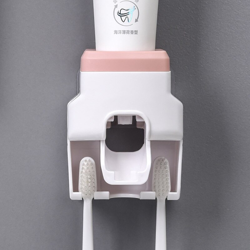 Toothbrush Holder Set Toothpaste Dispenser Wall Mount Stand Bathroom Accessories Set Rolling Automatic Squeezer Family Hygienic: Pink