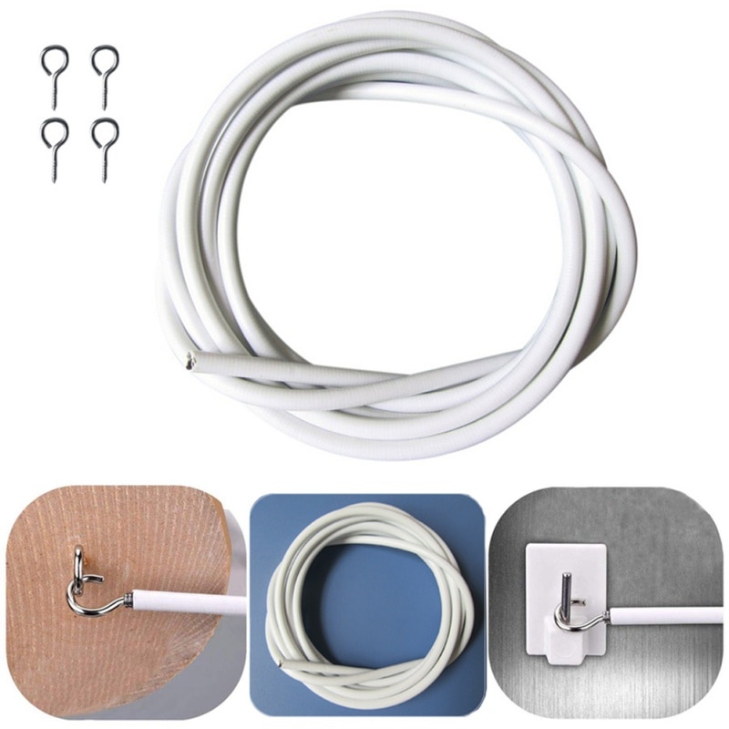 2/4 m Window Net Curtain Wire Spring Cord Cable Kit Spring Curtain Rope + 2 Pair Hooks & Eyes Replaceable Curtain Accessories