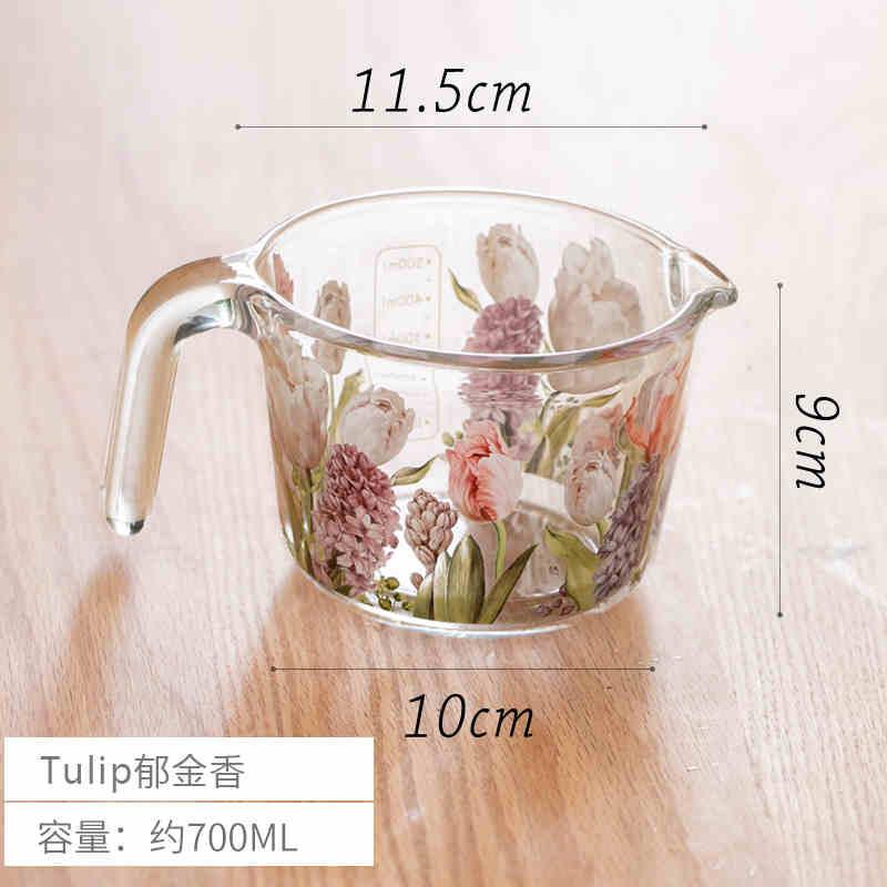 Taza medidora de vidrio con tapa, taza de jugo de leche de 500ml con tarros medidores de escala, utensilios de cocina para el hogar, herramienta de cocina para hornear Floral: Chocolate
