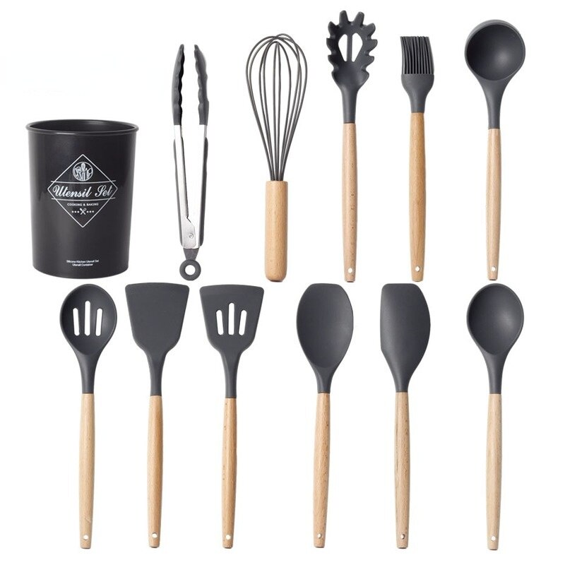 Silicone Cooking Utensil Set Wooden Handle Spatula Soup Spoon Brush Ladle Pasta Colander Non stick Cookware Kitchen Tools