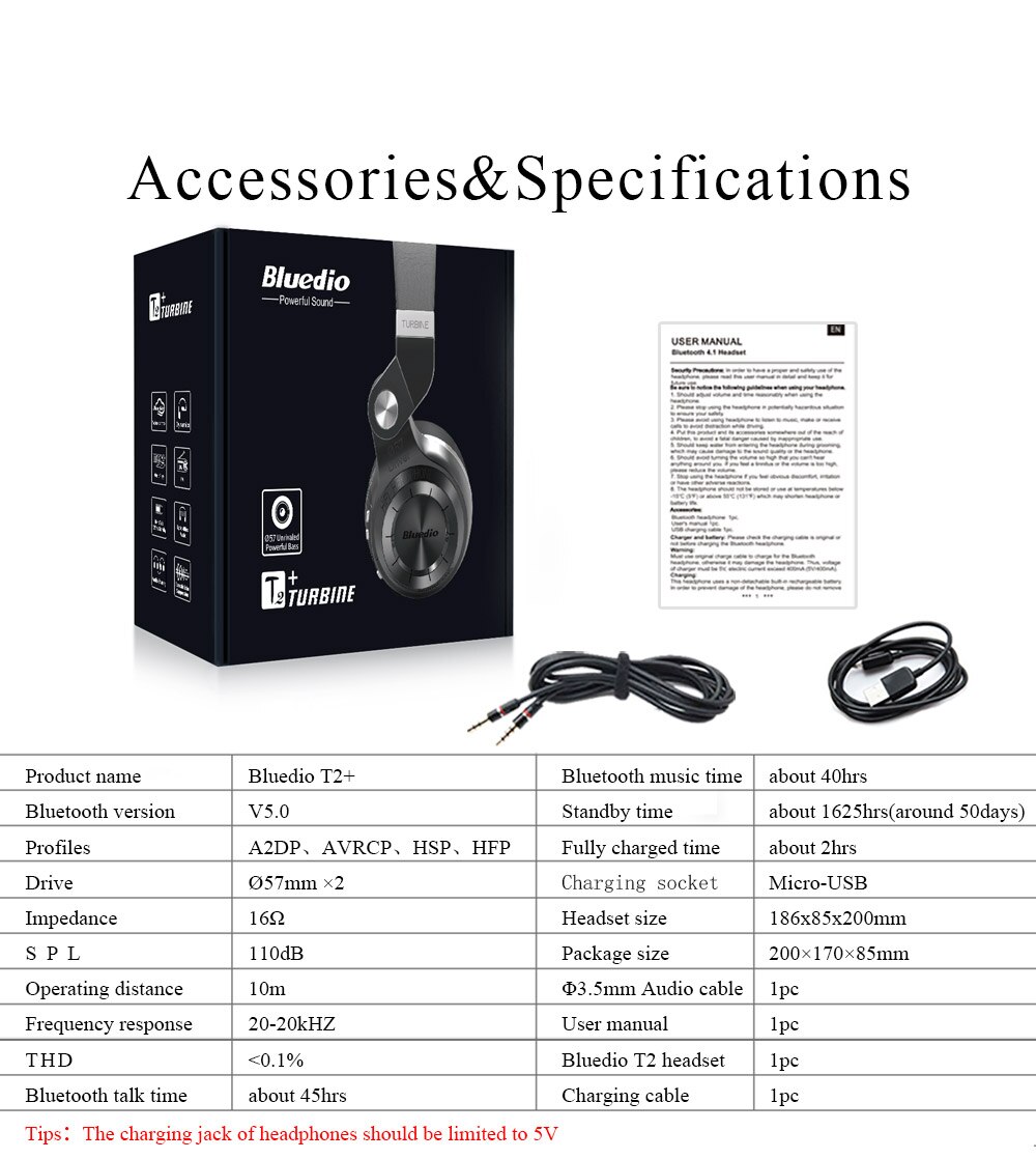 Bluedio T2 plus Bluetooth 5.0 headphones with FM radio sd card slot aux cable for all phones: Black Retail Box