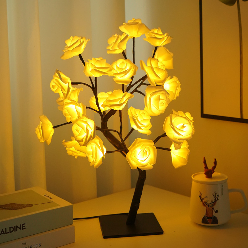 Lámpara de mesa 24LED, árbol de flores rosas, luces nocturnas USB, decoración navideña, para habitación de niños, iluminación de flores rosas, decoración del hogar: YELLOW