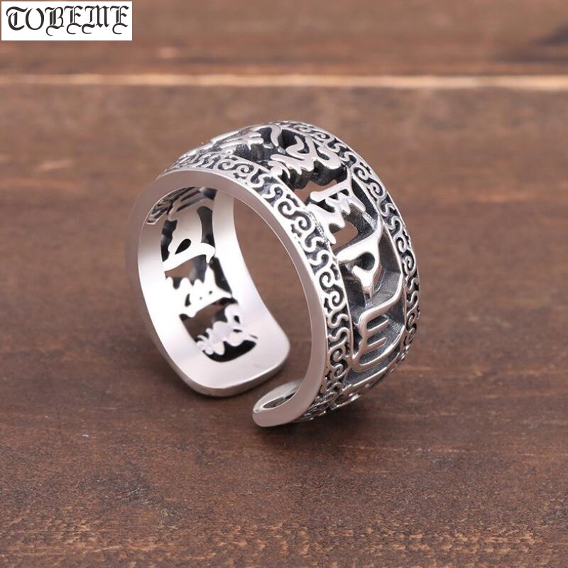 Fatto a mano 100% 925 Argento Tibetano Sei Parole Anello Buddista OM Mantra Anello Buona Fortuna Anello Resizable