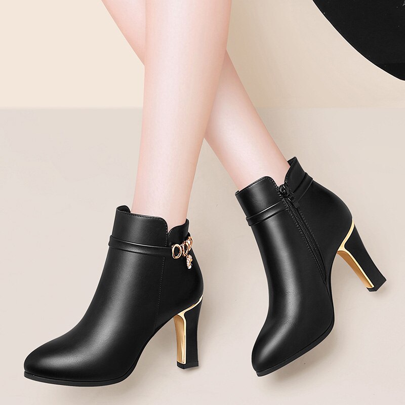 High Heels Ankle Boots Woman Dress Shoes Pointed Toe Booties Thin Heels Pumps Black Crystal Metal Warm Plush Ladies Shoes 8496N