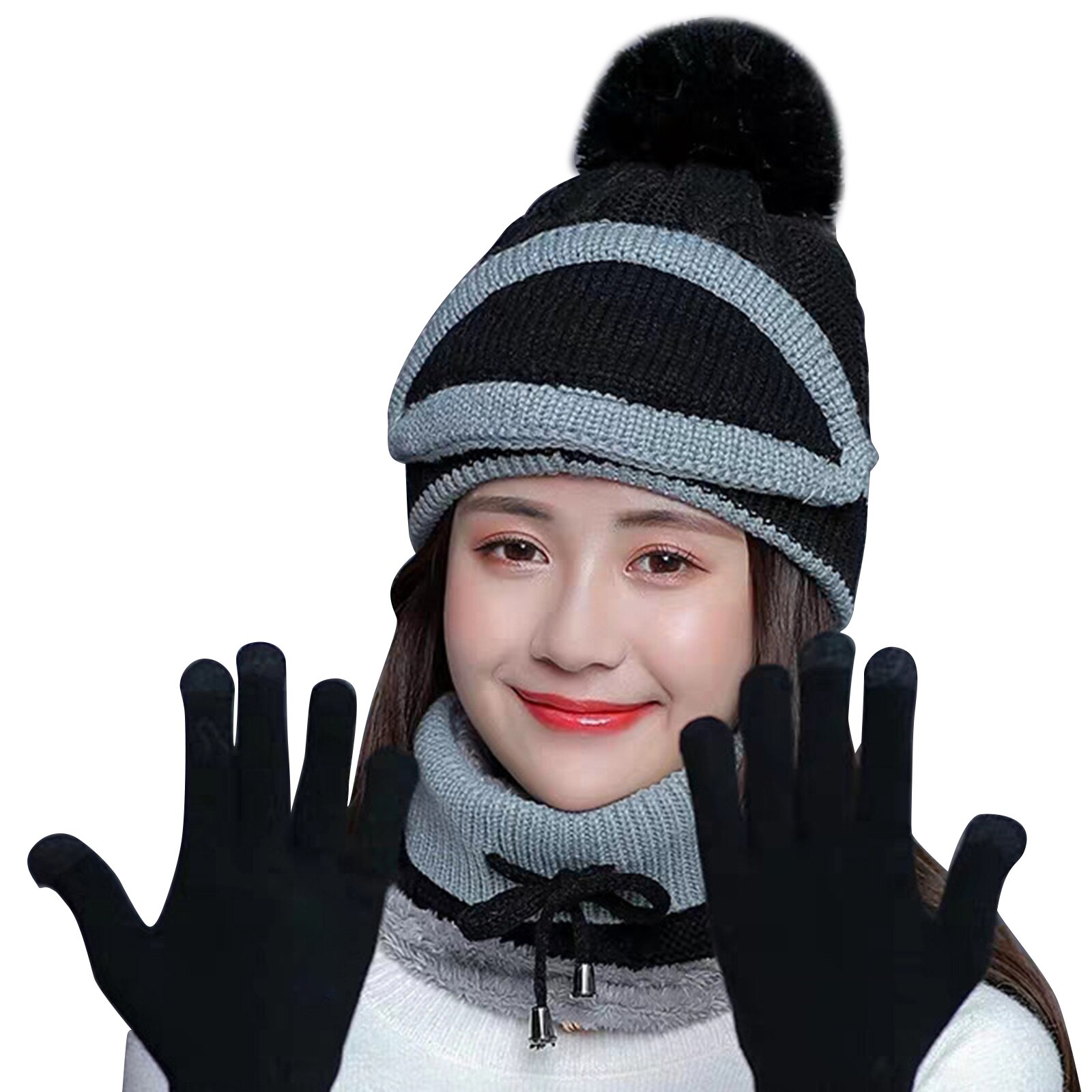 Nyeste 4 stk kvinders vinter tørklæde sæt thickend strikket hat tørklæde ansigt dække handsker udendørs: Sort