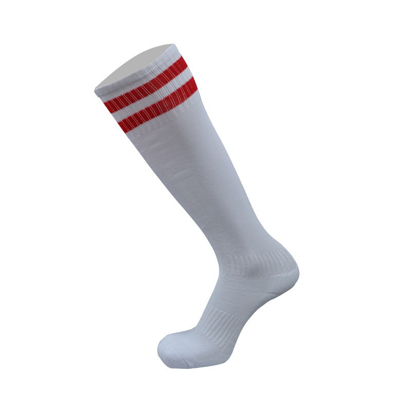 Barreled football socks towel bottom Striped knee stockings Child Men Kids Boys Soccer sock Absorbent sox non-slip movement: white with red / kids size