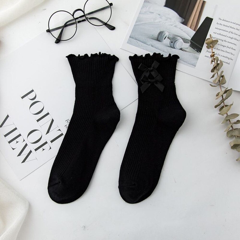 Medium Tube Woman Socks Ruffle Socks Lolita Bow Socks Cosplay Costumes Accessories Cotton Socks Cute Sweet Girl: style2 black