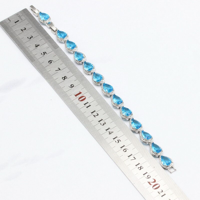 Conjuntos de joyas de boda de color plata con ópalo azul pera para mujer, collar, colgante, pendientes, anillos, pulseras de cristal azul cielo
