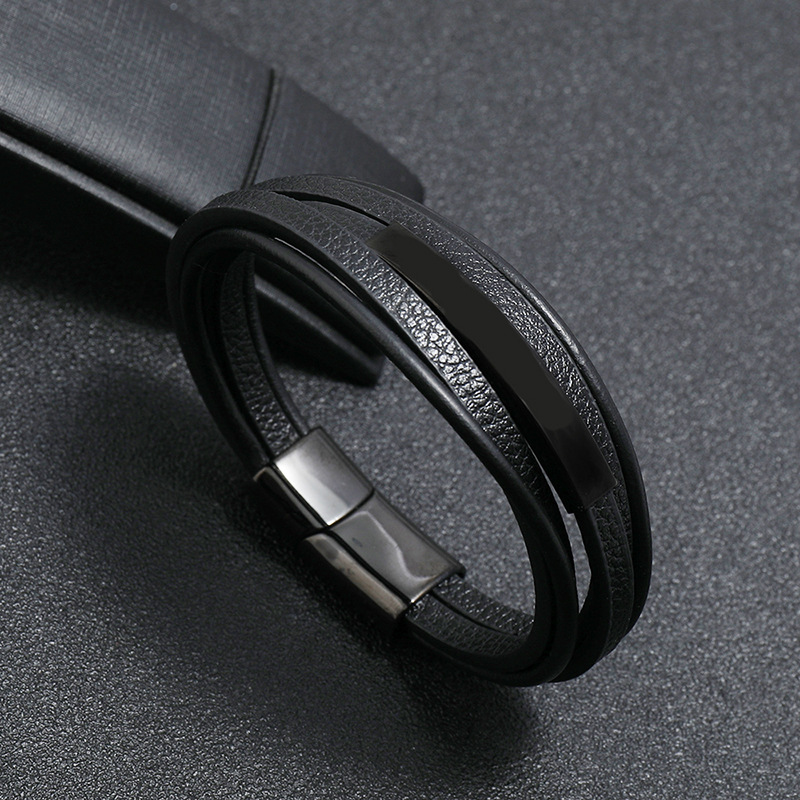 Stijl Multilayer Man Armband Leer Gevlochten Touw Rvs Magnetische Sluiting Hand Armbanden Mode Mannen Sieraden: black black / 20Cm