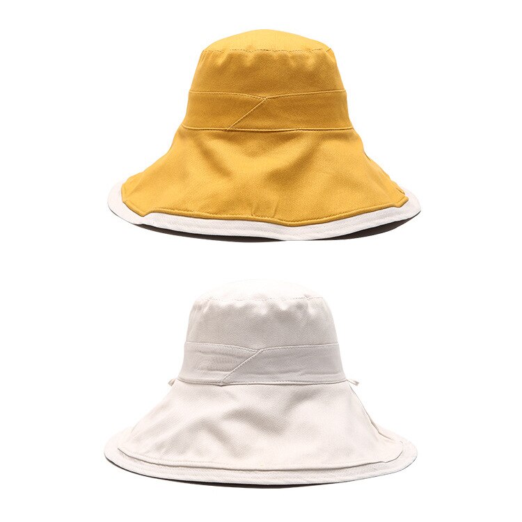 Chapeau bob d'été en coton pour femme, réversible, style panama, pliable, protection uv, pour la plage et le soleil: Jaune avec beige
