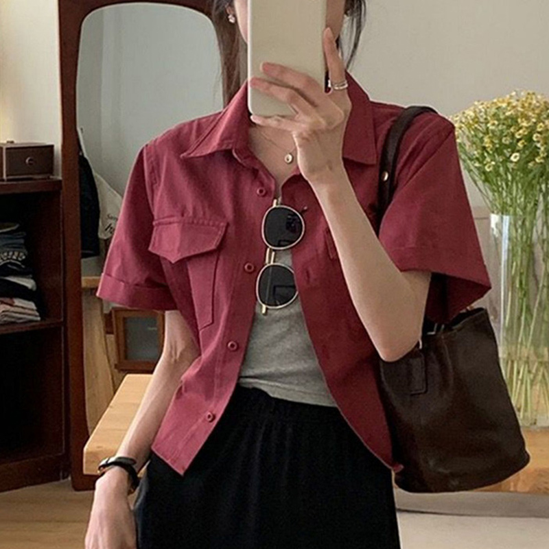 Koreanske kortærmede lyserøde skjorter til kvinder sommer løs knappet cropped frakke dame vintage enkel all-match bluse dame