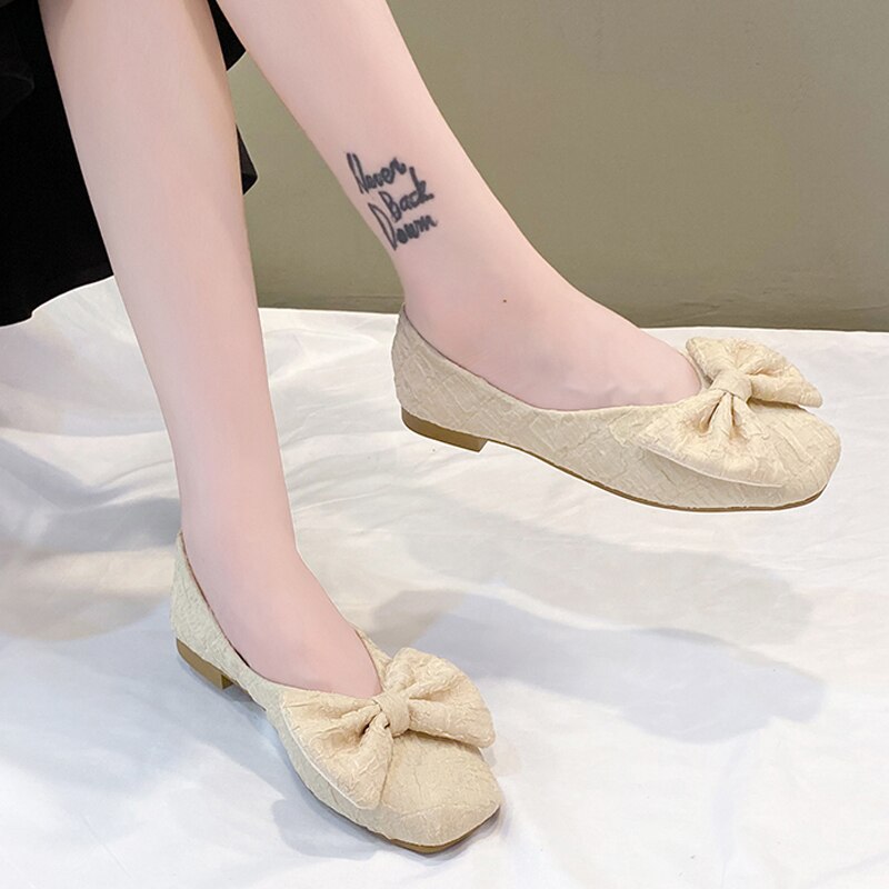 Chaussures plates en cuir avec nœud papillon pour femmes, ballerines de fête à bout carré, taille 35-40, peu profondes, vc2627