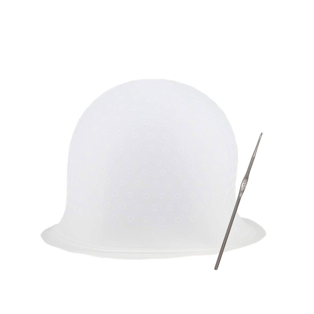 Salon Dye Silicone Cap + Hook Silicone Hair Highlights Cap Needle Reusable Hair Coloring Cap Hair Dye Hat Hairstyling Tool: Style B White