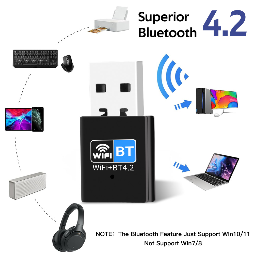 150m Mini USB WiFi Adapter 2.4G Bluetooth4.2 Przenośna bezprzewodowa karta sieciowa do laptopa PC Windows 10/11 Bezpłatny sterownik