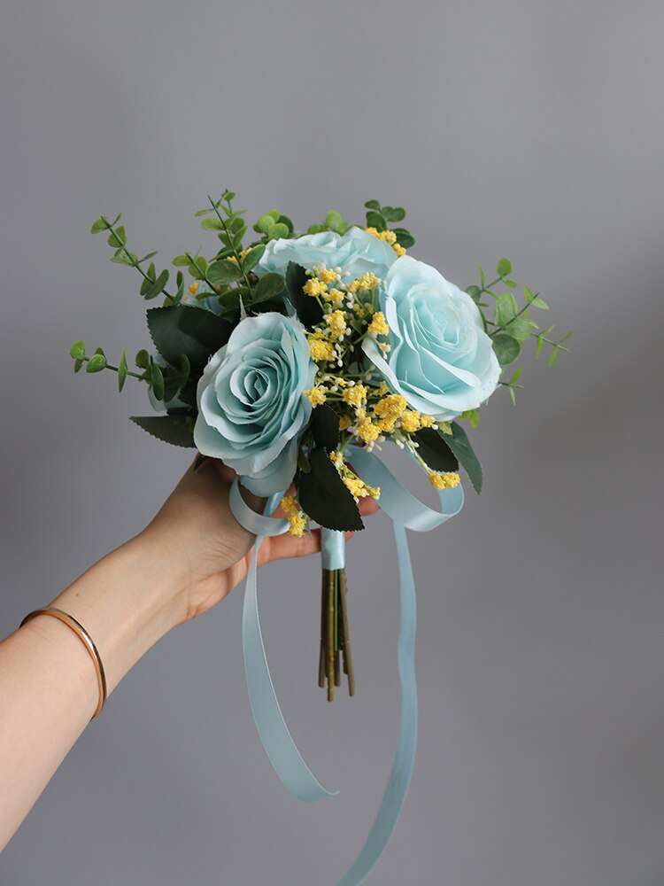 Janevini kunstbloemenmeisjesboeket wit roze blauw roos zijden bruidsmeisjes bruidshandbloemen rood klein bruidsboeket: Blauw
