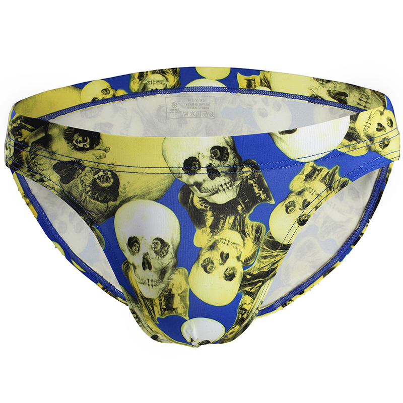 Sexy Swimwear Mens Swimming Briefs Male Quick Dry Bikini Board Shorts Man Skull Printed Swimsuits Nylon Men Swim Brief: Dark blue / L