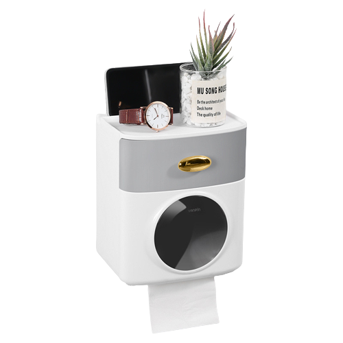 Double Layer Tissue Box Wall Mounted Toilet Paper Holder Waterproof Storage Box Mobile Phone Storage Table Bathroom Supplies: Gray A