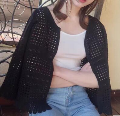 Casual Tops Vrouwelijke Dunne Stitch Hollow Vrouwen Zomer Uit Kant Half Mouw Gebreide O-hals Wit Bolero Gehaakte Open Vest: Black