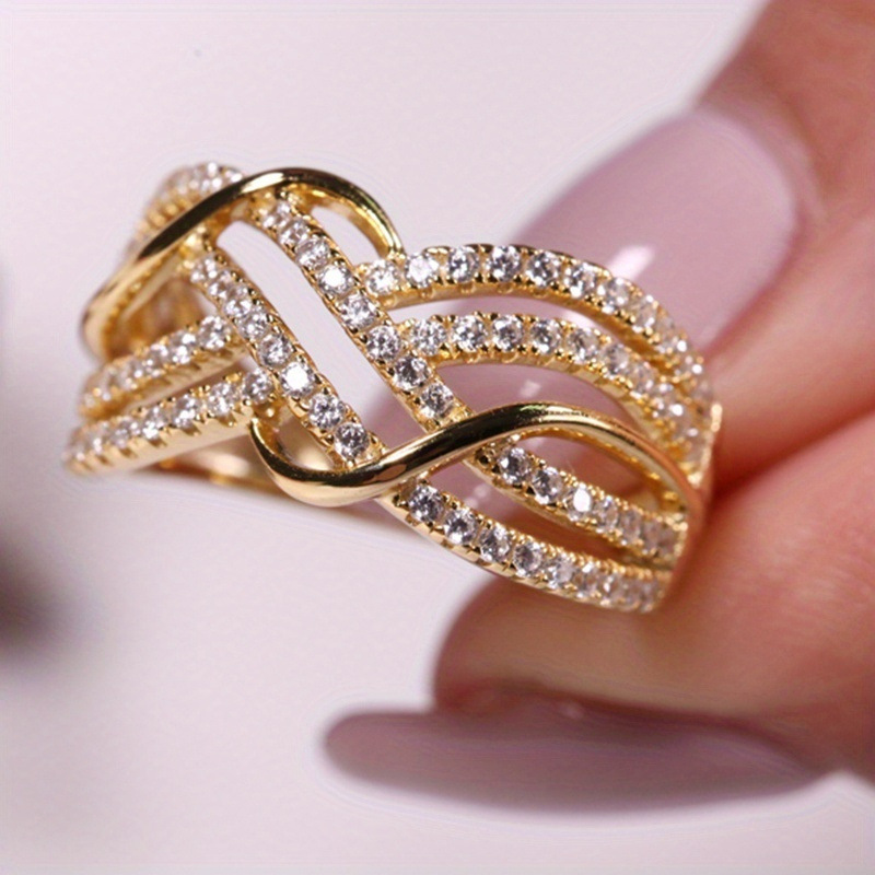 Bague croisée couleur or éblouissante pour femmes, bagues en métal et pierre blanche, bijoux de fête de fiançailles: 7