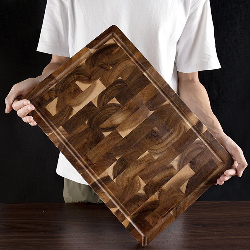Stort skærebræt i akacietræ med saftrille, kraftigt, tykt skærebræt i træ til køkkenet, fødevaresikre skæreblokke