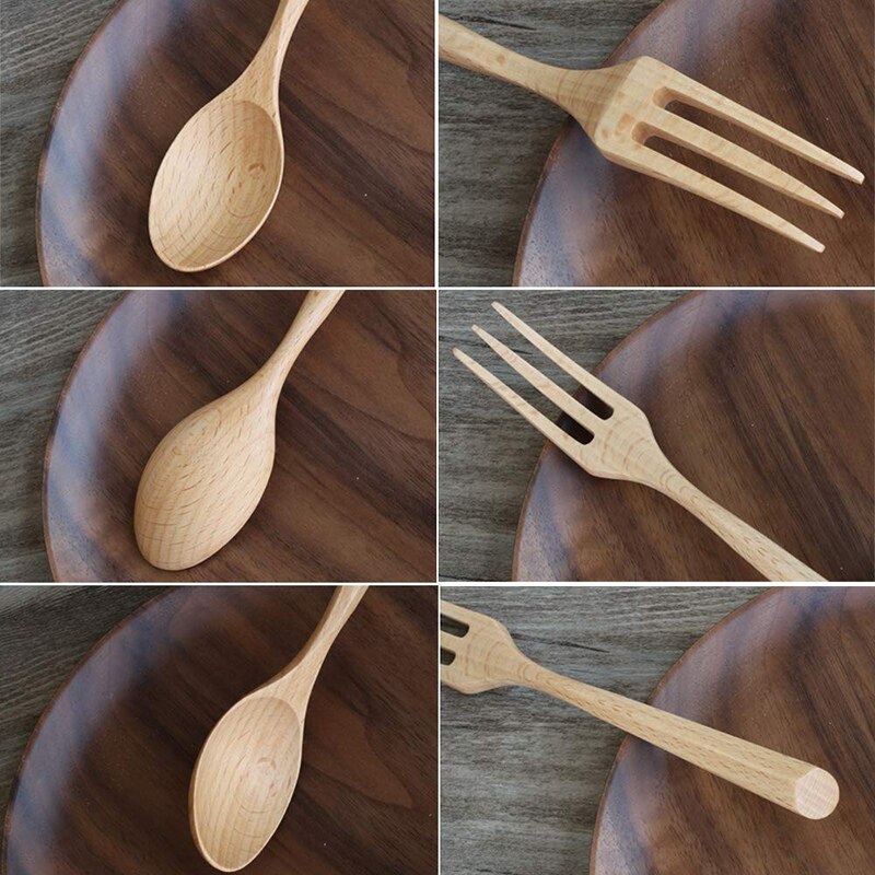 Houten vork en lepel set natuurlijk houten servies handgemaakte houten lepel geschikt voor pasta diner thee salade dessert aardappelchips