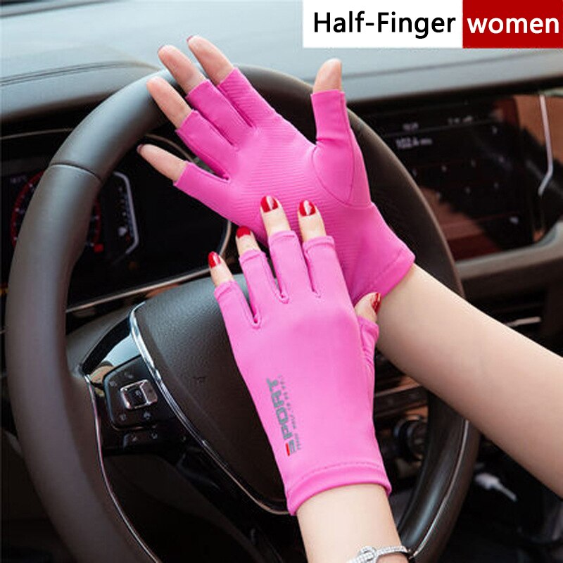 Sommer is silke halvfinger helhandsker kørsel cykling mænd elastisk uv-beskyttelse solcreme skridsikker kvinder to-finger handsker: Halvt kvinde-pink