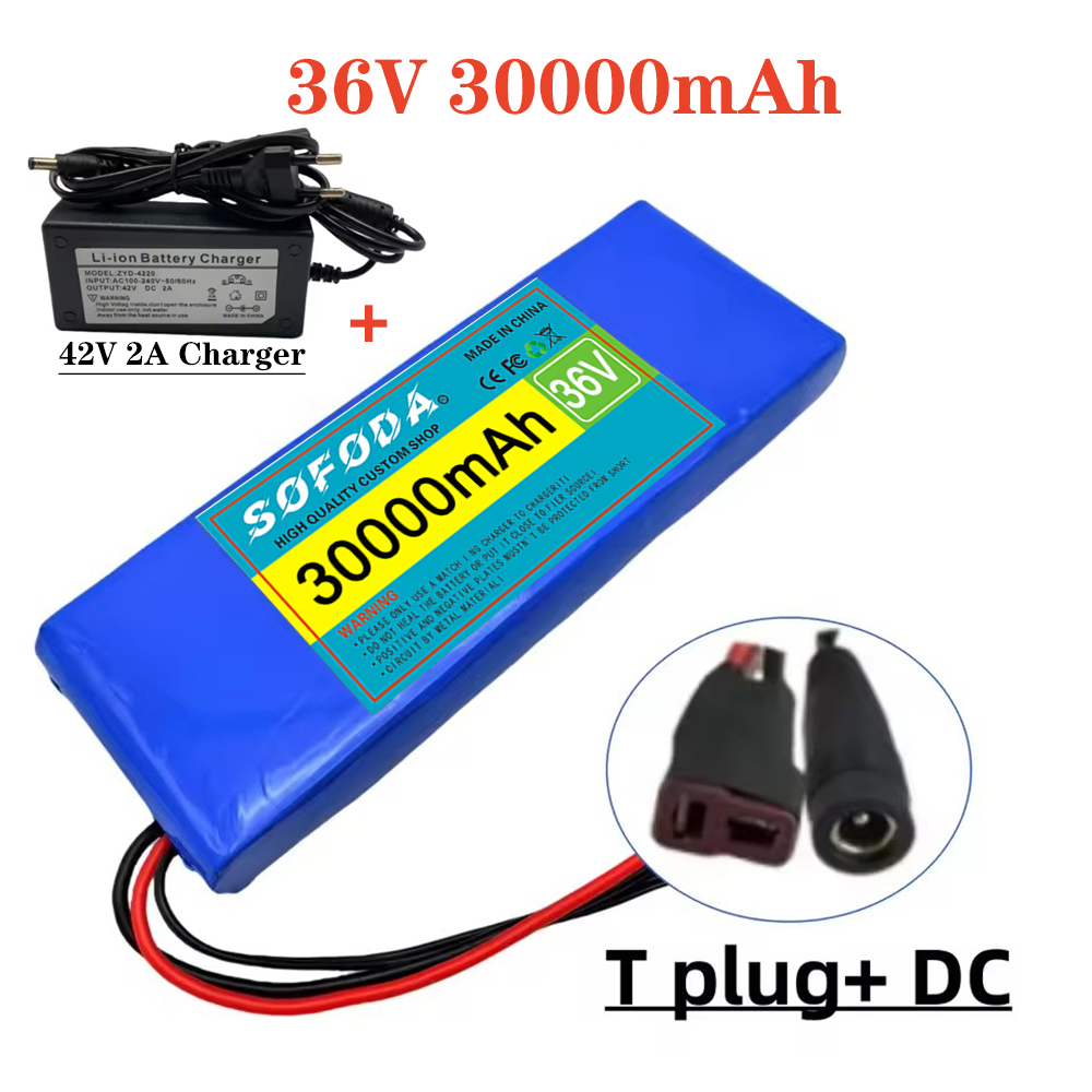 Große Kapazität 36 V 30000 mAh 10S1P 18650 Lithium-Ionen-Akku 30 Ah, mit BMS 500 W, ausgestattet mit 42 V 2 A Ladegerät: Orange