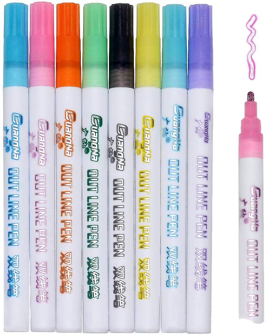 12 Magic Double Lines Art Markers Pen Out Line Pen Fine Liner Marker Fineliner Calligraphy Lettering Pen Color Scrapbooking Pens: 8 color 2.0mm tip