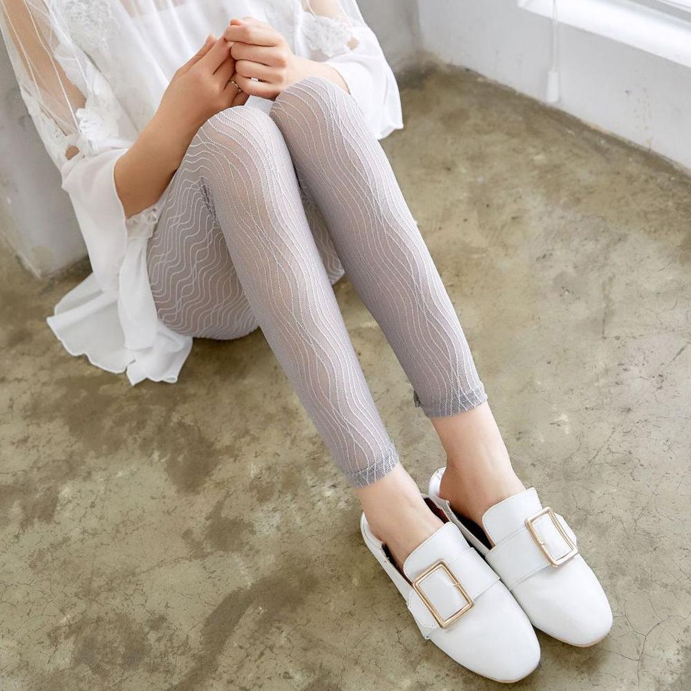 dame sommer blond leggings svart grå stripet pustende strukket bukser uformelt tynn stil tynn leggings: Grå / S