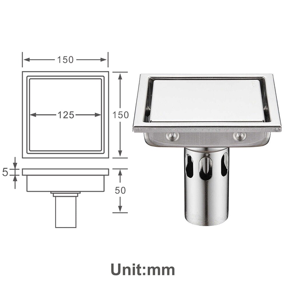 Stainless Steel Floor Drain 150mm Large Displacement Hidden Tileable Deodorant Floor Drain Floor Drain DyuIhr: F150x150mm