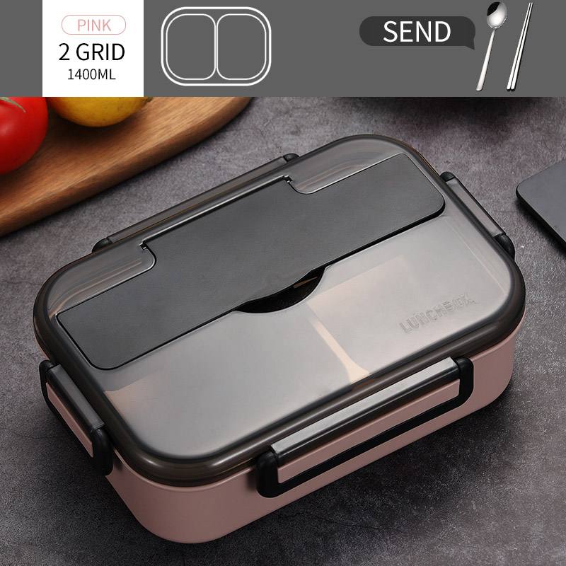 WORTHBUY fiambrera japonesa para niños con compartimentos, caja Bento de acero inoxidable 304 para niños, caja contenedora de alimentos con vajilla: 2 Grid Pink
