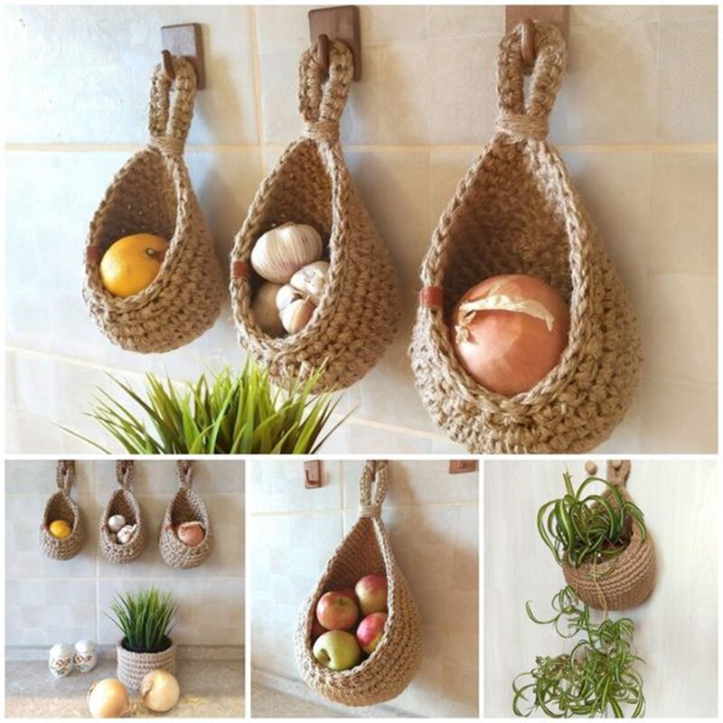Zerolife Wall Hanging Vegetable Fruit Storage Basket Natural Wicker Woven Basket Kitchen Table Wall Hanging Rope Hanging Basket